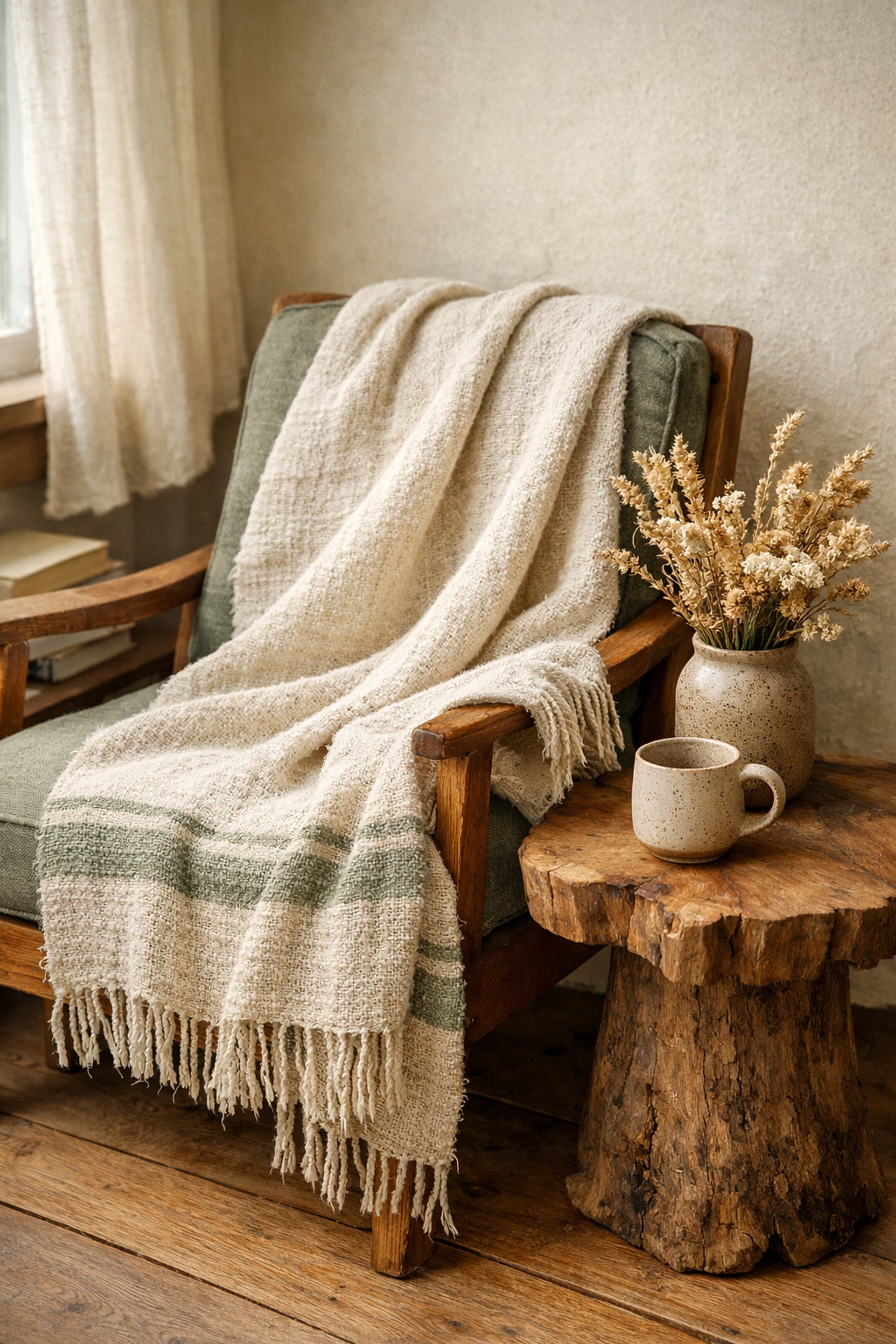 Sustainable handcrafted home decor featuring a hand-woven linen throw and artisanal ceramic mug.