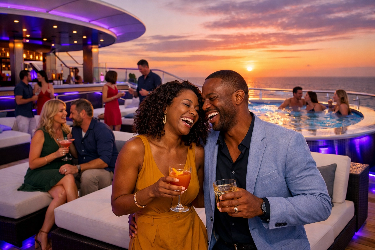 Adults socializing on Virgin Voyages cruise ship deck with hot tub at sunset