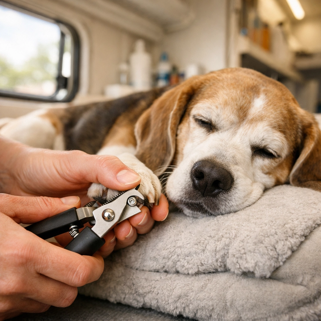 Groomer gently trimming nails of elderly beagle during stress-free mobile grooming appointment