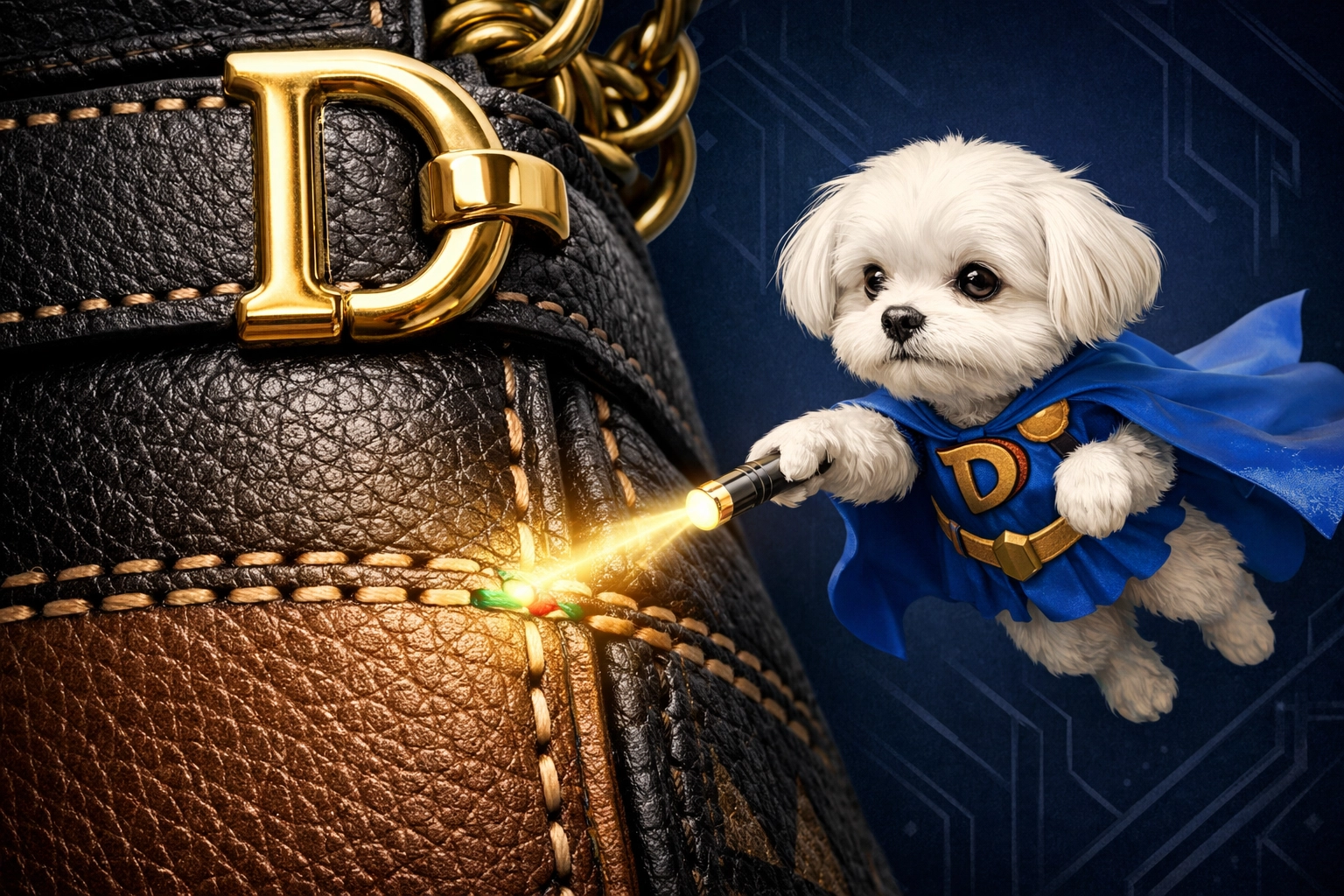 White Maltese in a blue cape examining fine stitching and gold hardware during the designer bag authentication process.