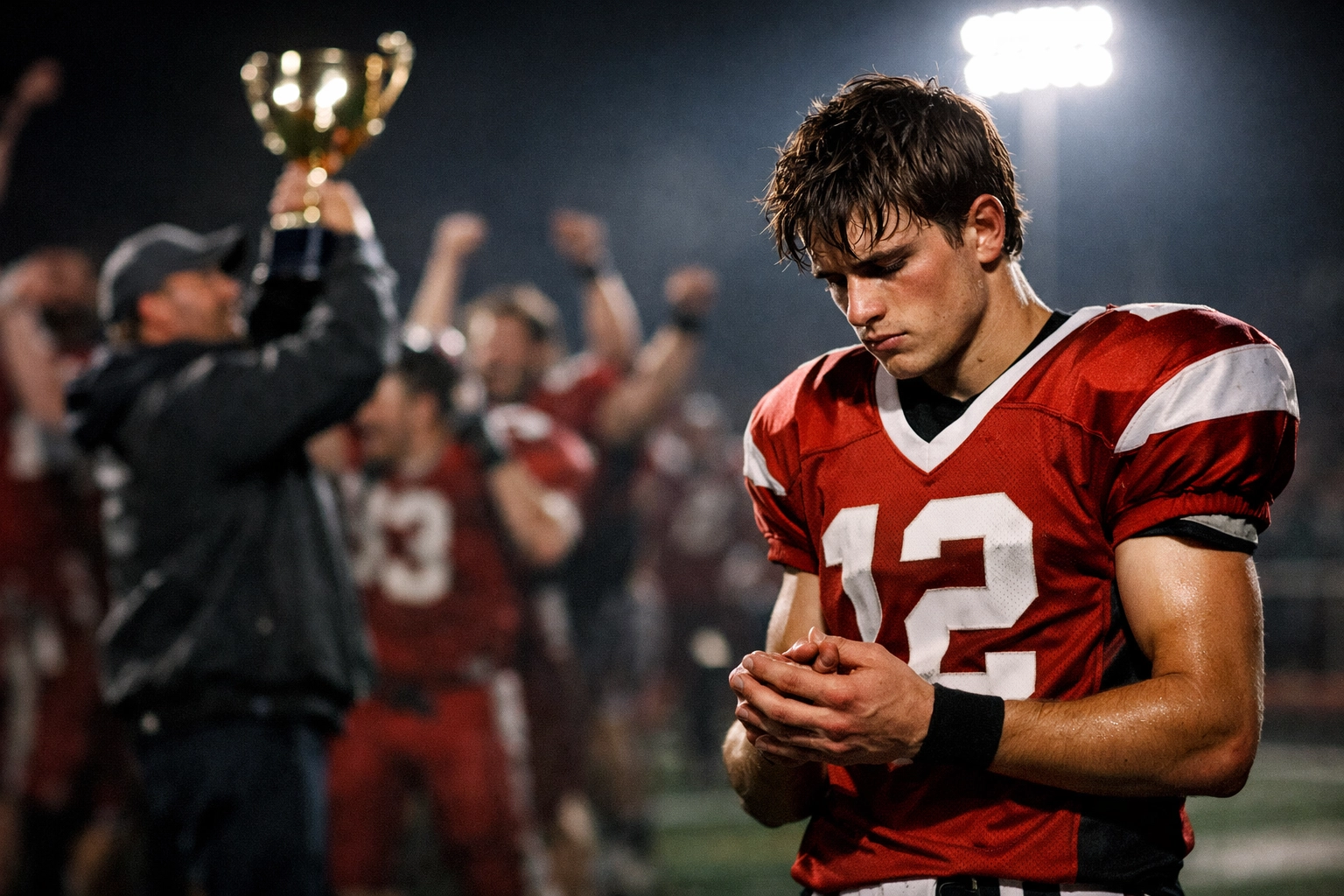 Frustrated youth quarterback on the field, illustrating why QB Coach Ron Raymond emphasizes player development over winning.