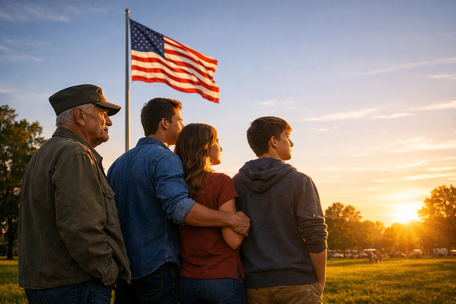 A multi-generational group of Americans and a veteran standing together in unity under the American flag.