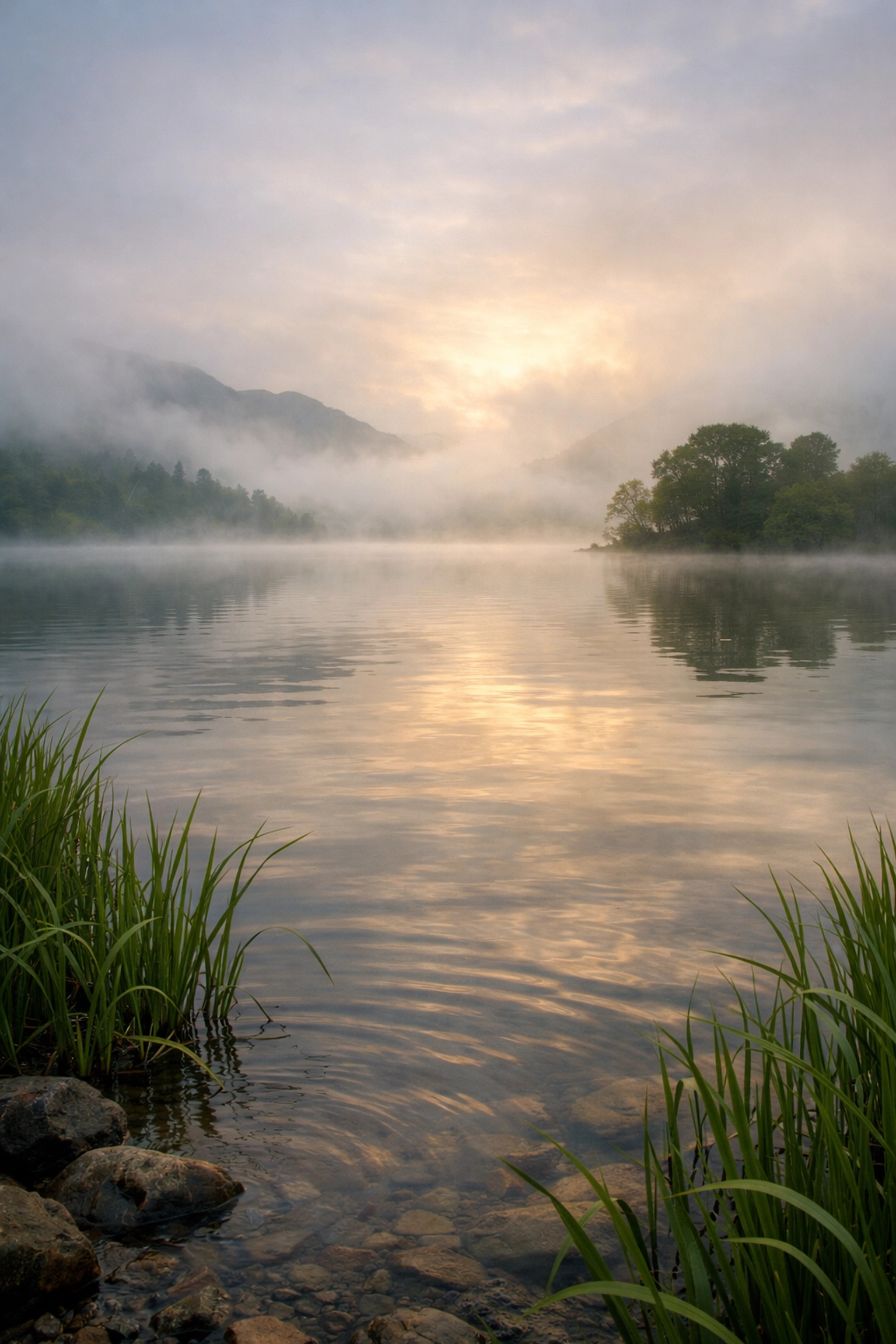 Misty Lake District lake at dawn, representing water safety on a camping adventure UK.