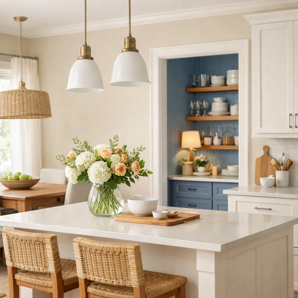 Staged kitchen with warm neutral walls and coastal blue butler's pantry accent