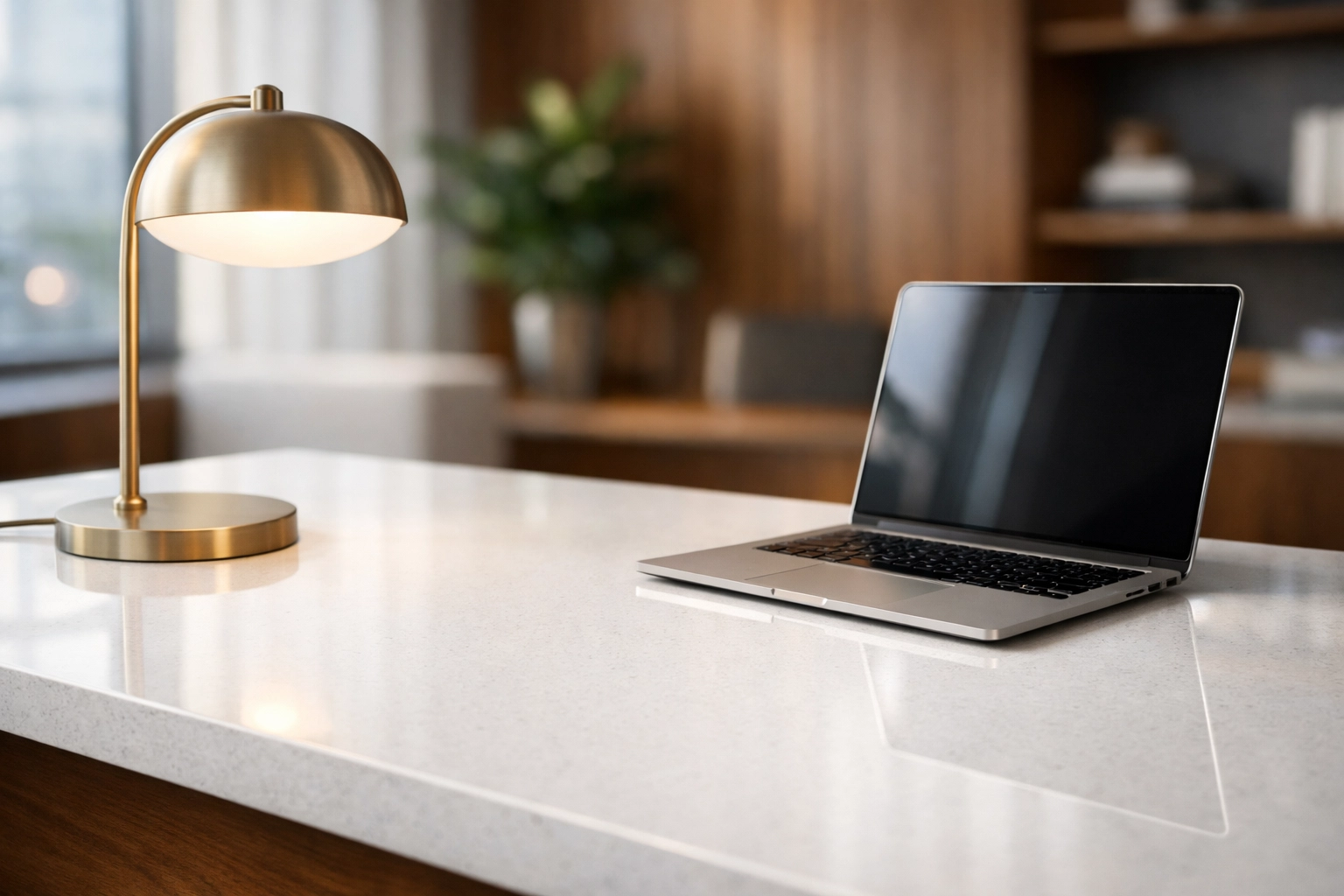 Flawless, dust-free quartz workspace in a modern office showing professional commercial cleaning results.