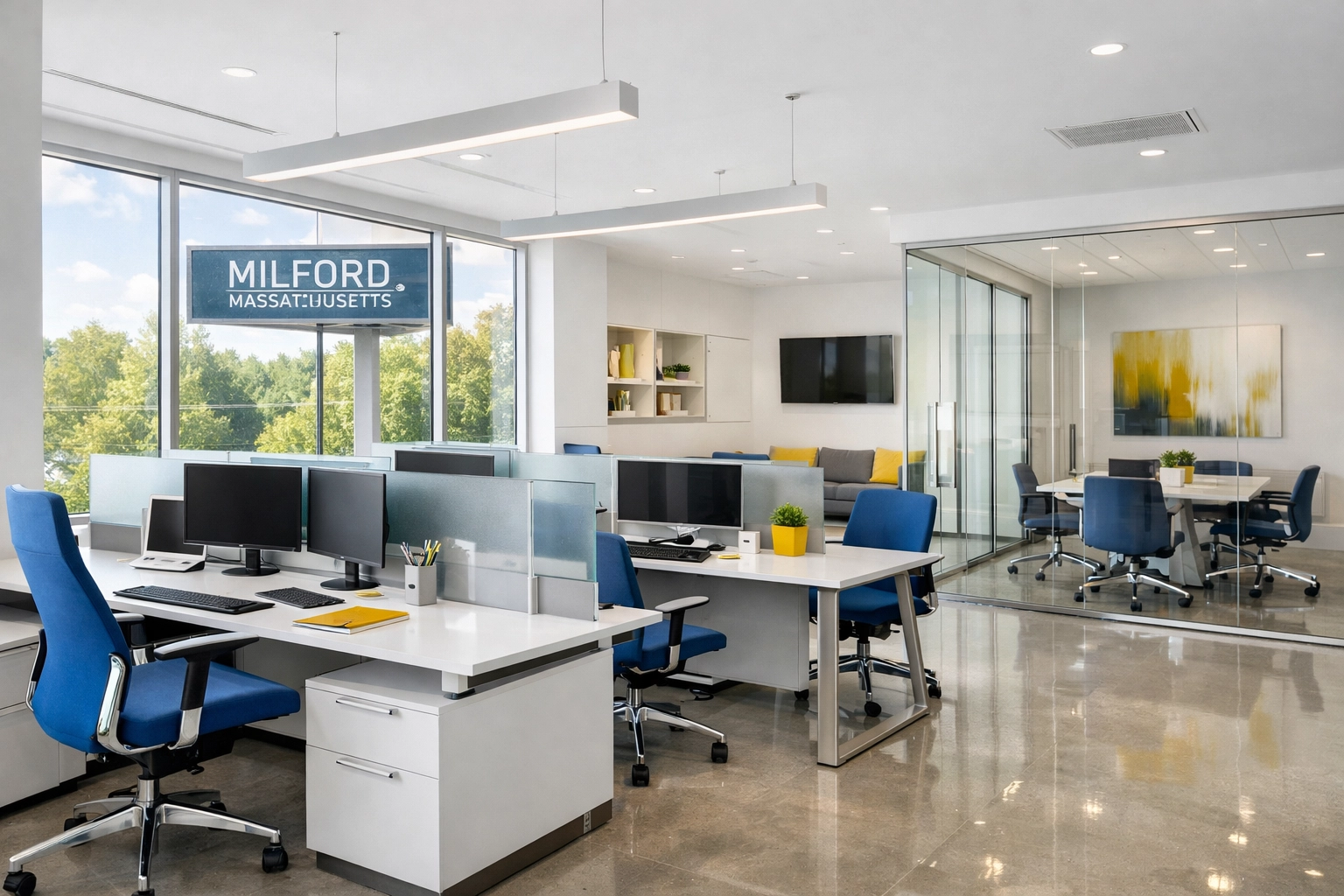 Modern open-plan workspace in Massachusetts showcasing professional office cleaning Milford results.