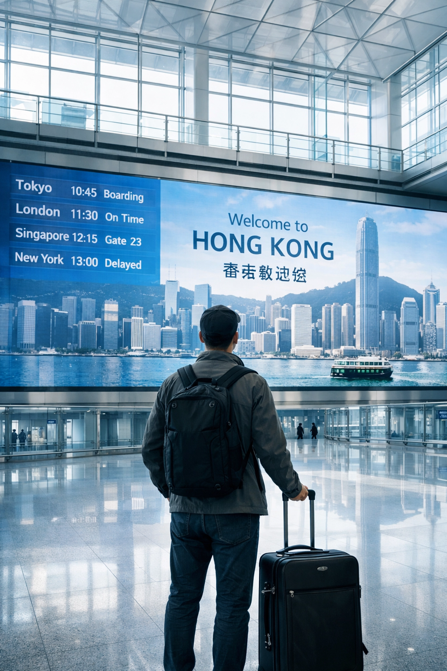 Large-scale digital out-of-home advertising display in a modern Hong Kong transit hub targeting travelers.