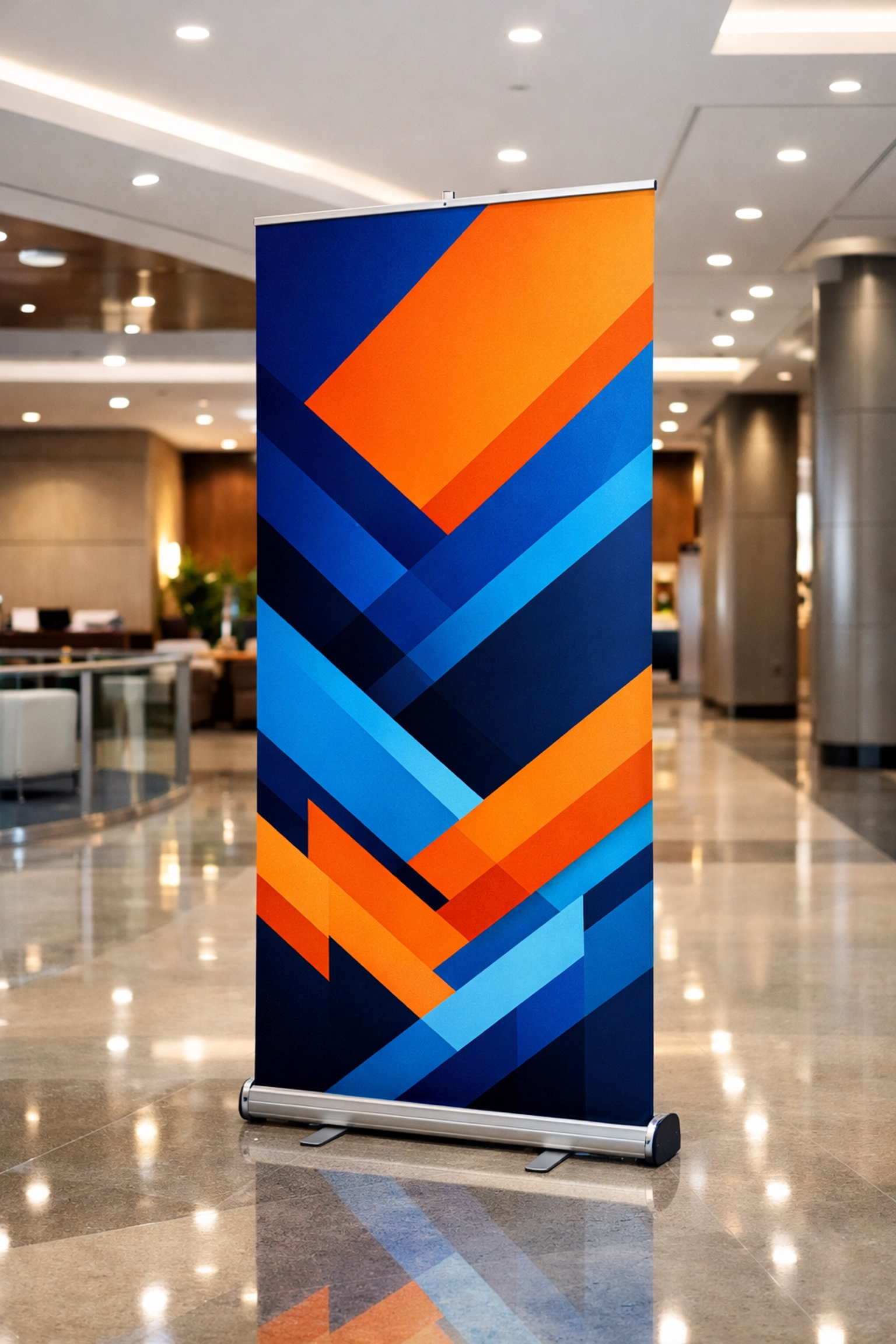 Professional pop-up banner stand in a corporate lobby for high-impact indoor business signage.