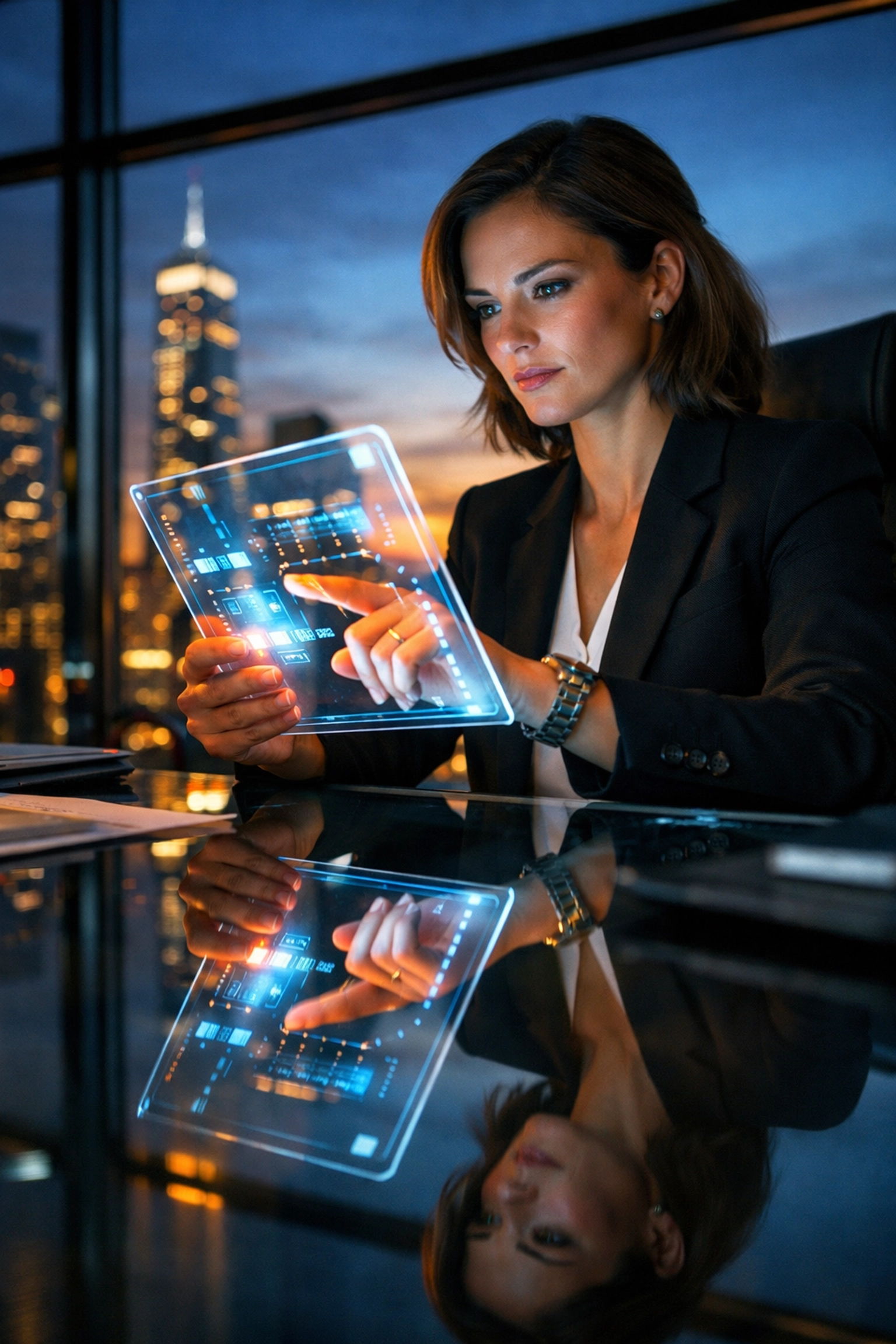 Professional executive analyzing long-term brand equity and marketing data on a digital tablet.