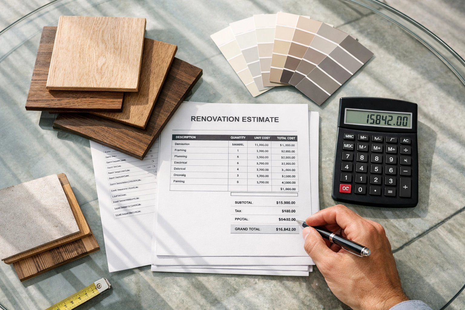 Detailed renovation contract with material samples and cost estimates for Orlando remodel