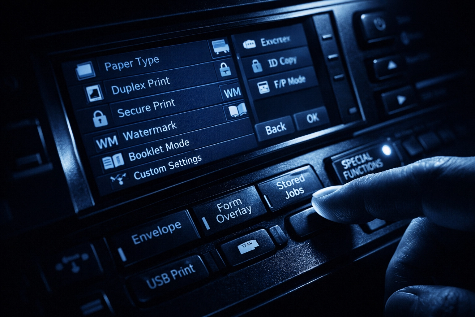 Printer control panel displaying advanced manufacturer-specific features