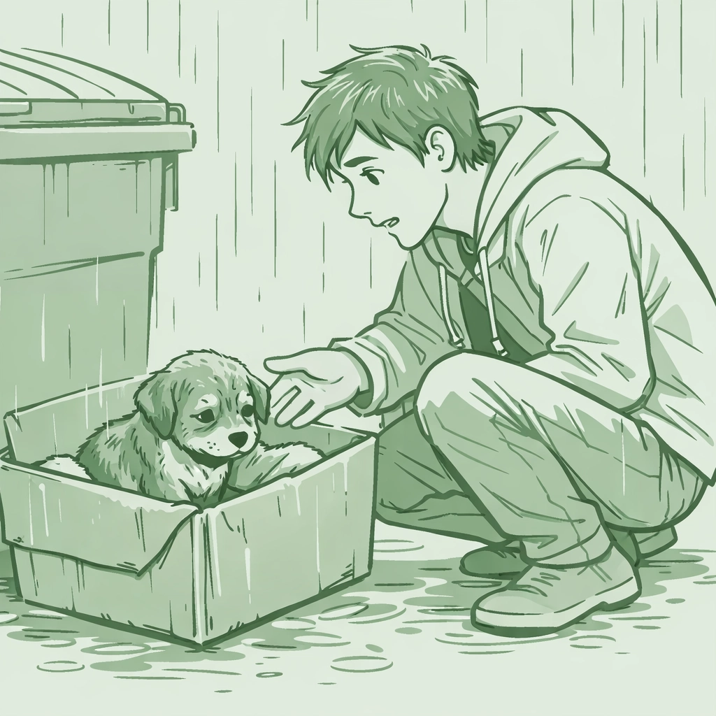 Gay man rescuing abandoned puppy in rainy alley - beginning of coming out journey
