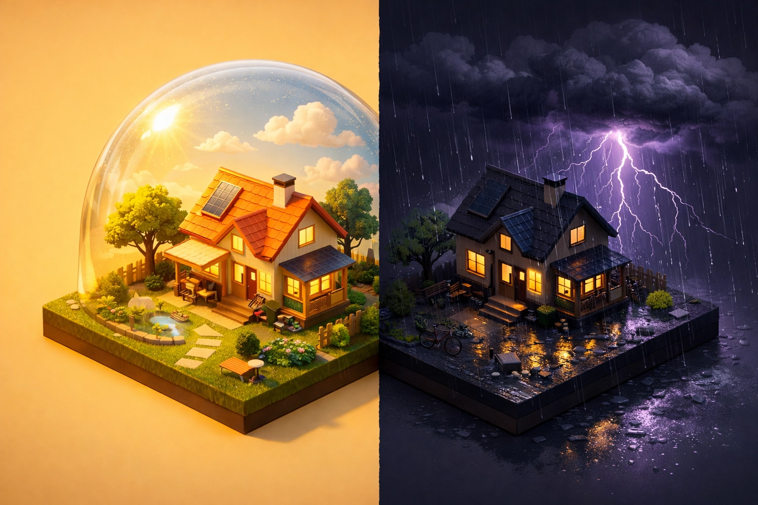 Modern house protected from a storm by a glass dome, symbolizing life insurance safety.