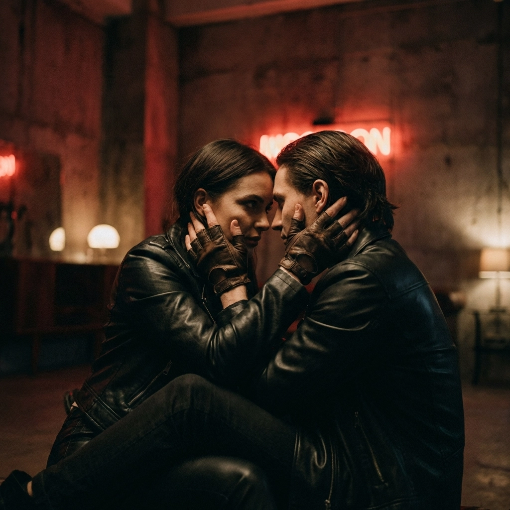 Two people share an intimate, trust-filled moment in a Berlin play space, illustrating the psychological benefits of kink and D/s relationships.