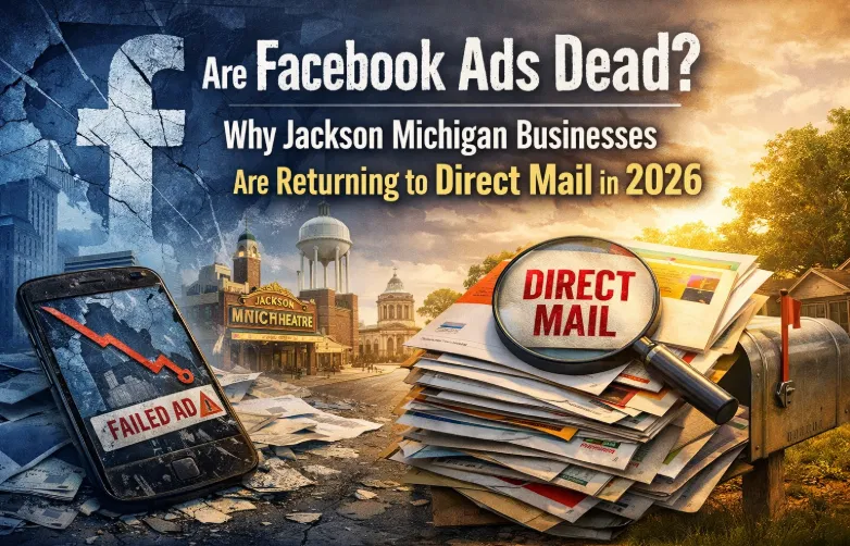 A split image depicts a declining Facebook ad on a phone with a crumbling cityscape, contrasted with a vibrant Jackson, Michigan scene featuring overflowing mail and a stack of postcards labeled 'DIRECT MAIL.'