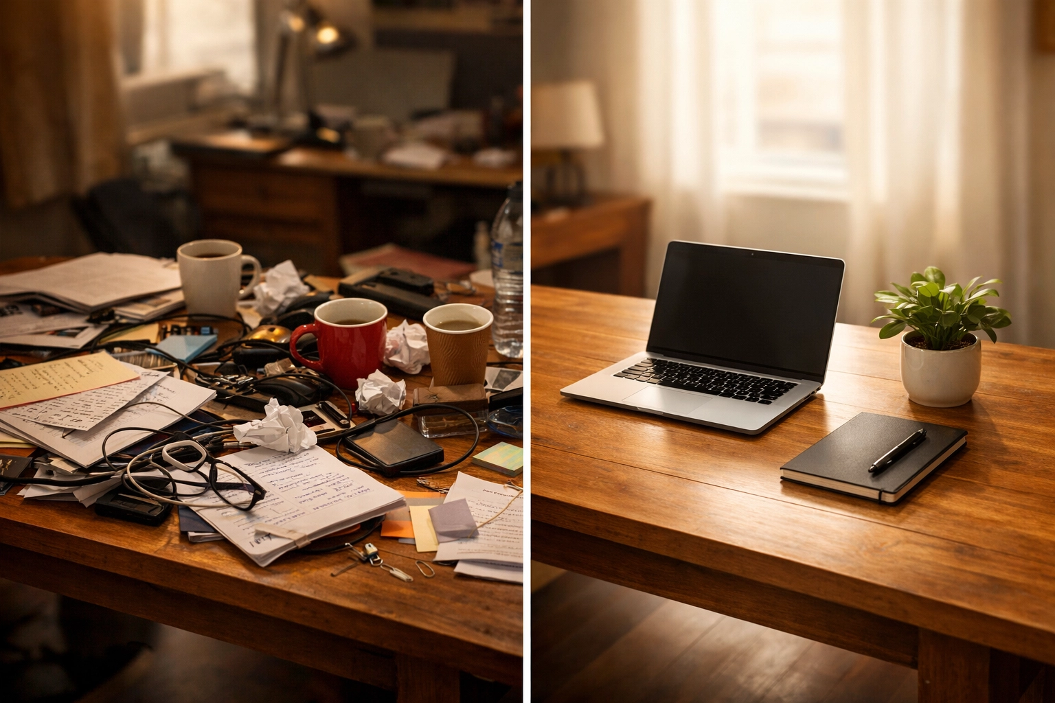 Before and after comparison of cluttered versus organized workspace for better computer performance