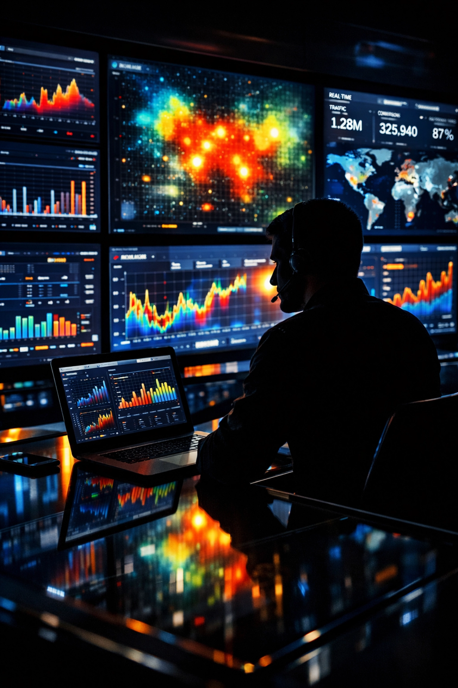 A digital marketing professional analyzing real-time sports data in a high-tech command center.