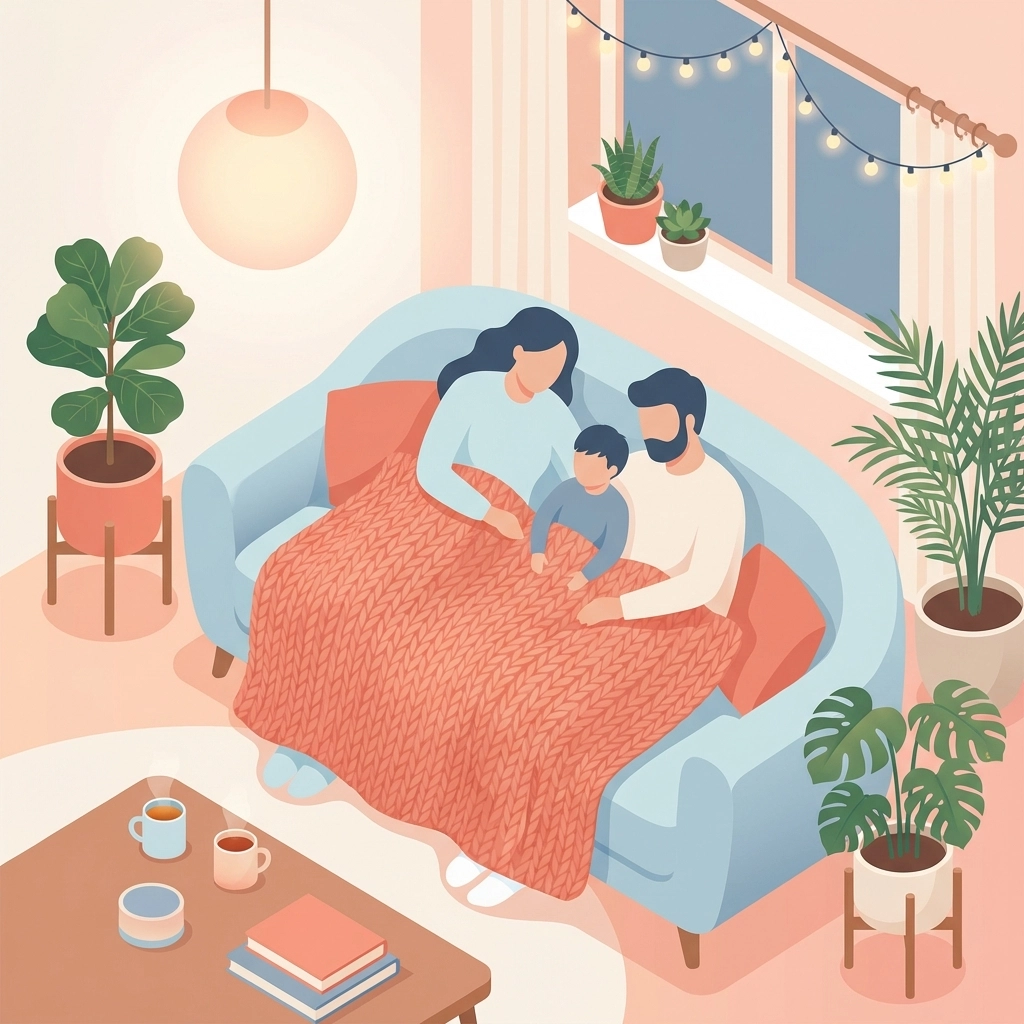 Cozy living room illustration symbolizing family warmth and togetherness in a Christian home setting.