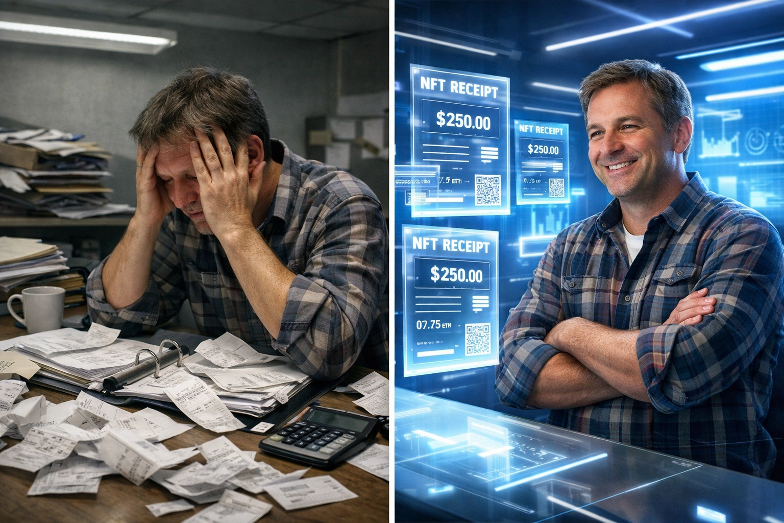 Small business owner comparing paper receipt chaos to organized NFT receipts for accounting