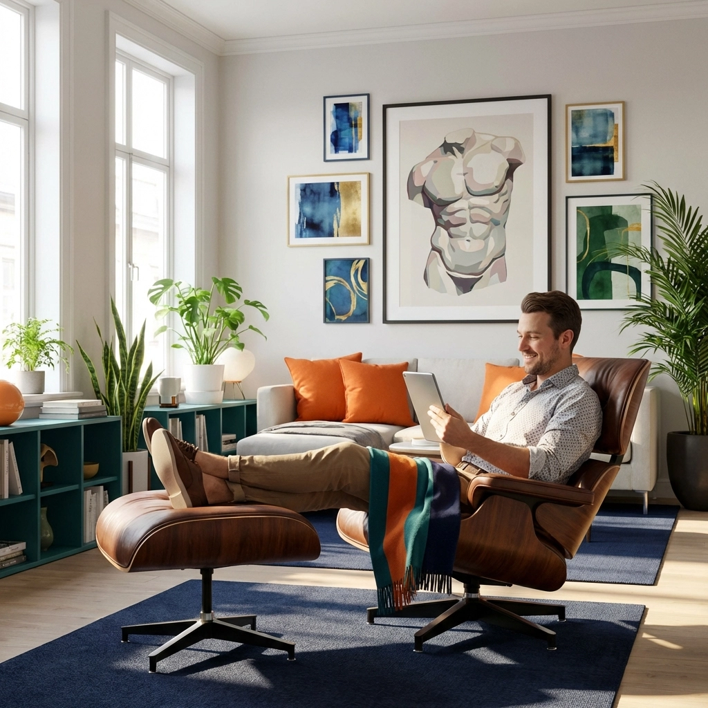 A modern gay man reading an MM romance ebook at home near a framed piece of queer art.