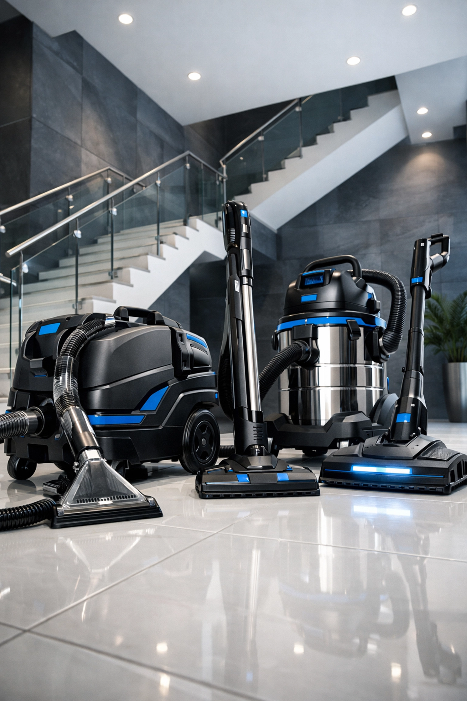 Professional high-efficiency cleaning equipment in a modern Needham estate foyer with white tile floors.