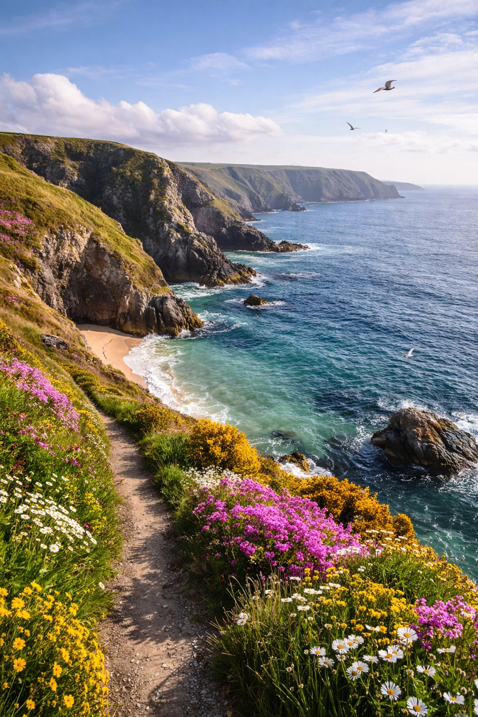 Pembrokeshire Coast Path cliffs with wildflowers and turquoise sea, ideal for scenic guided hikes in Wales.