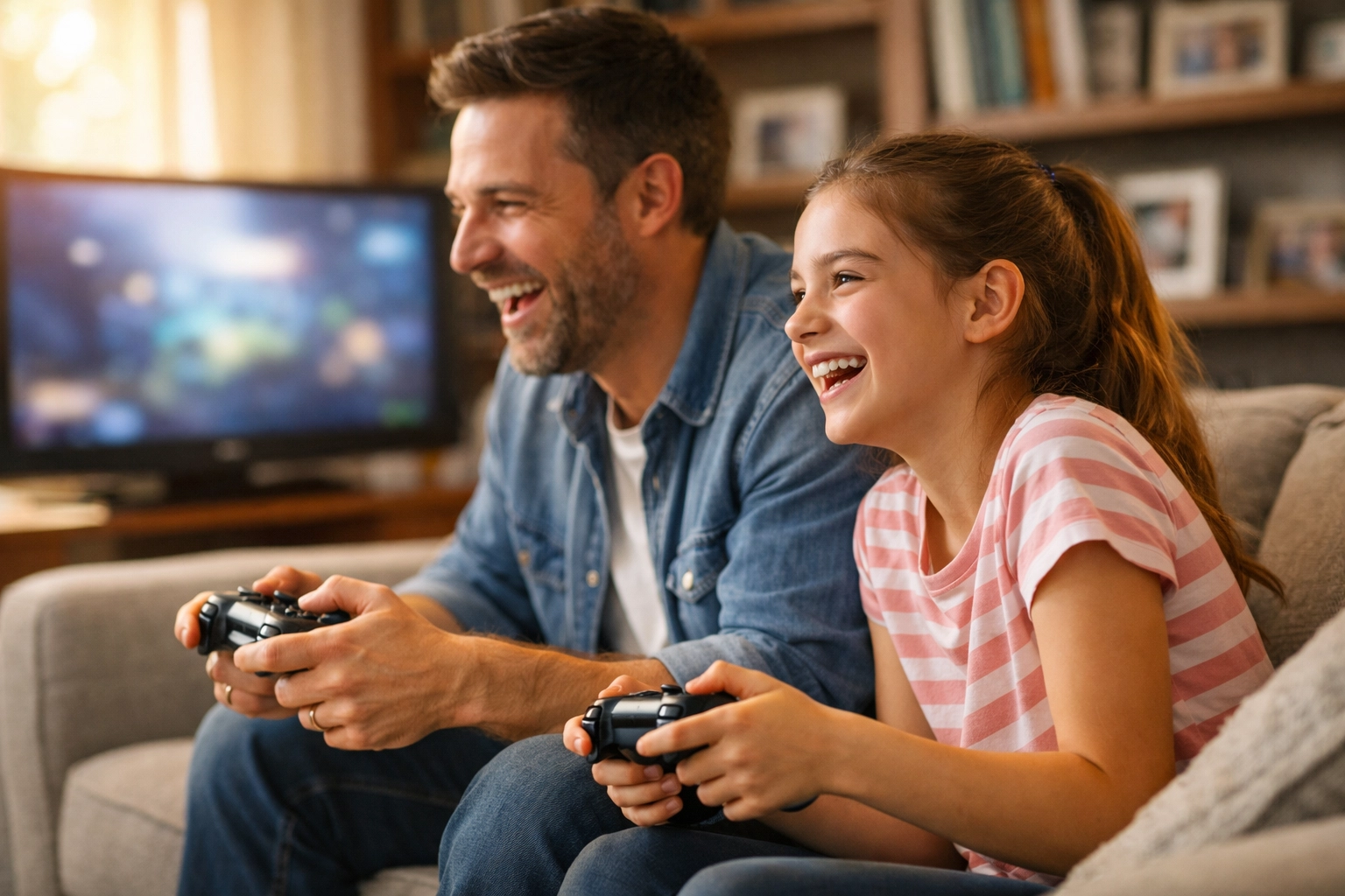Father and daughter bonding while playing video games together on couch