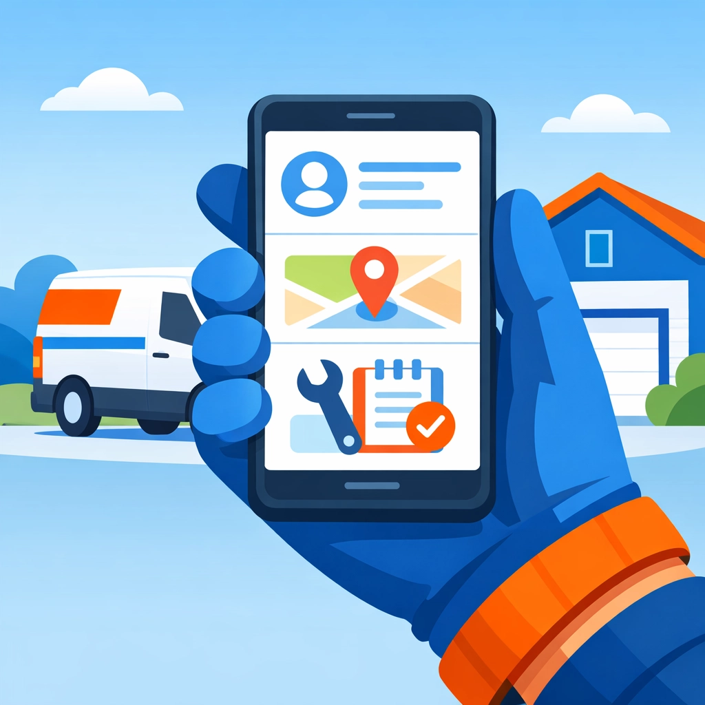 Field service technician using mobile app for work orders on service van