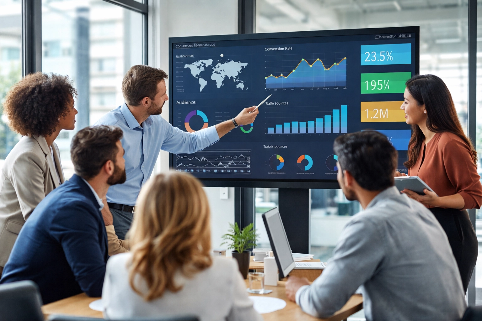 Marketing team analyzing audience segmentation data on analytics dashboard in conference room