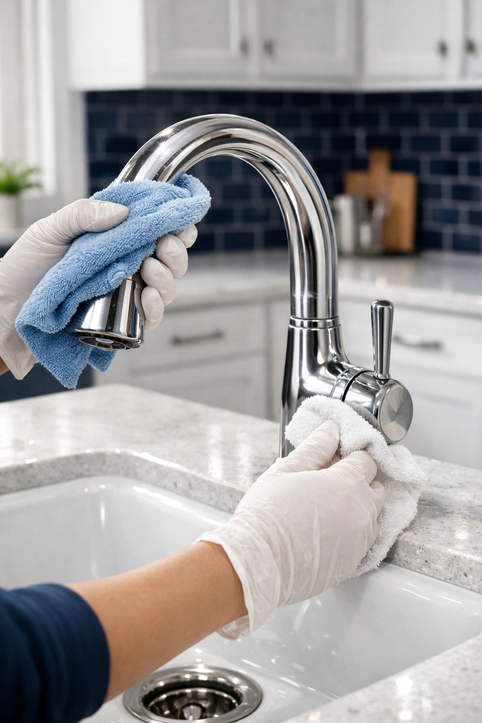 Professional cleaners polishing a kitchen faucet to a sparkle, showing detail for weekly house cleaning in Townsend.