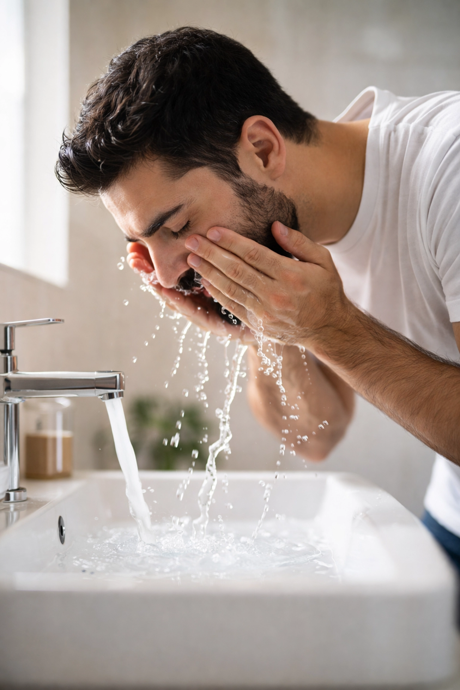 Middle Eastern man washing his face with water to start a fresh, effective morning skincare routine.