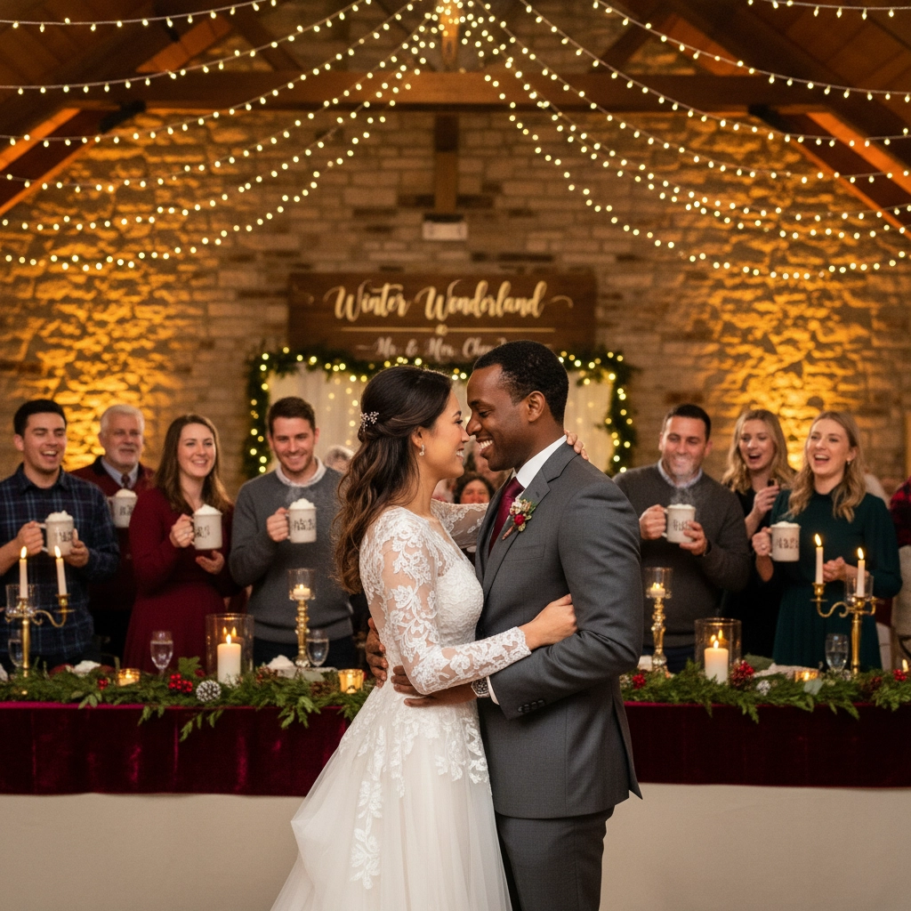 A couple dances at a wedding in a warmly lit hall, under fairy lights. Guests cheer with mugs. Sign reads "Winter Wonderland."
