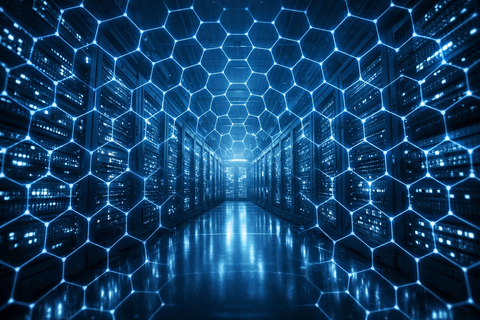 Secure server room with a digital shield overlay, representing robust Google Workspace security layers.