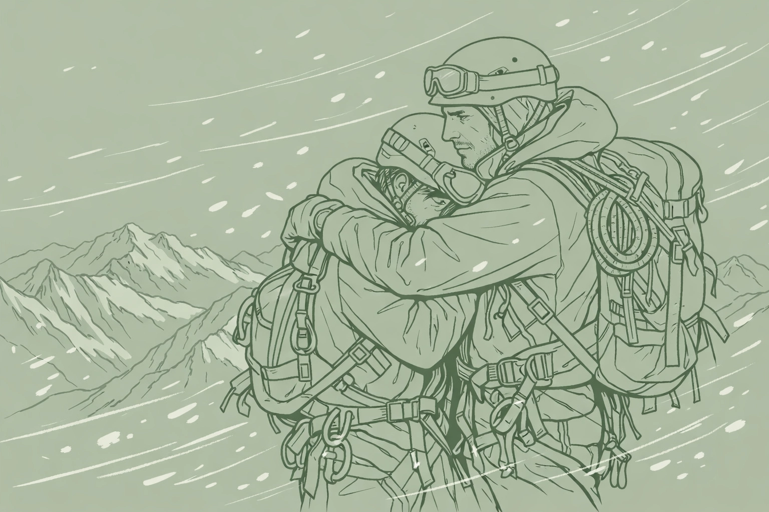 Summit embrace between two men after reaching mountain peak in gay romance adventure