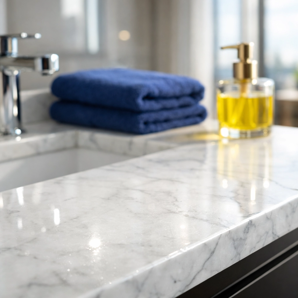 Professional maid services Worcester cleaning a marble bathroom vanity in a luxury apartment.