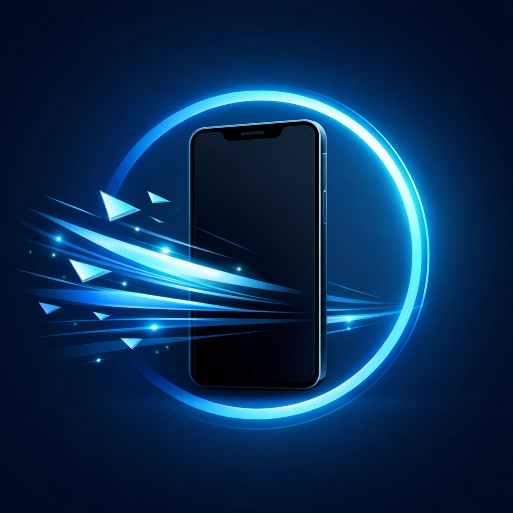 Smartphone illustration with dynamic lines showing fast mobile page speed and performance.