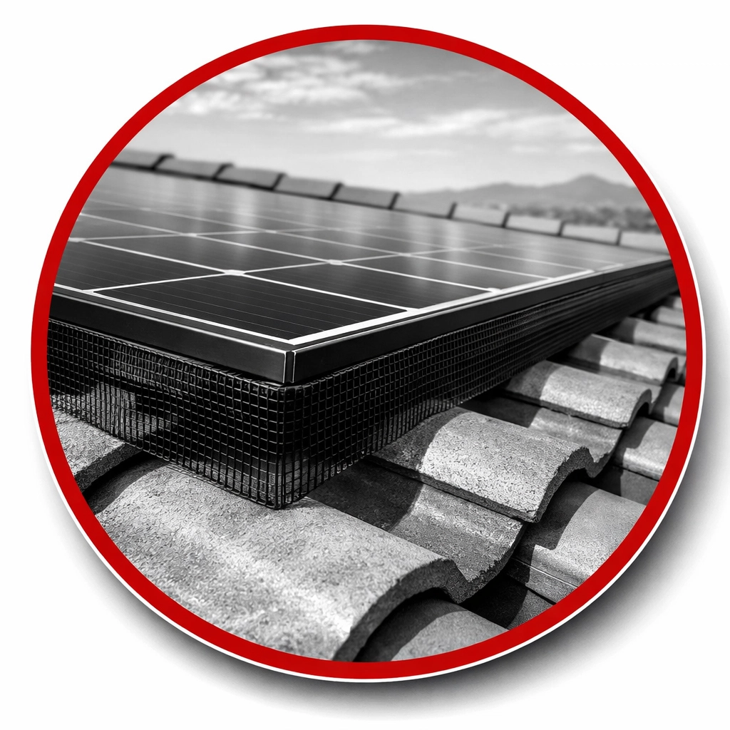 Professional solar panel bird screening installed on a San Tan Valley rooftop for pigeon control.