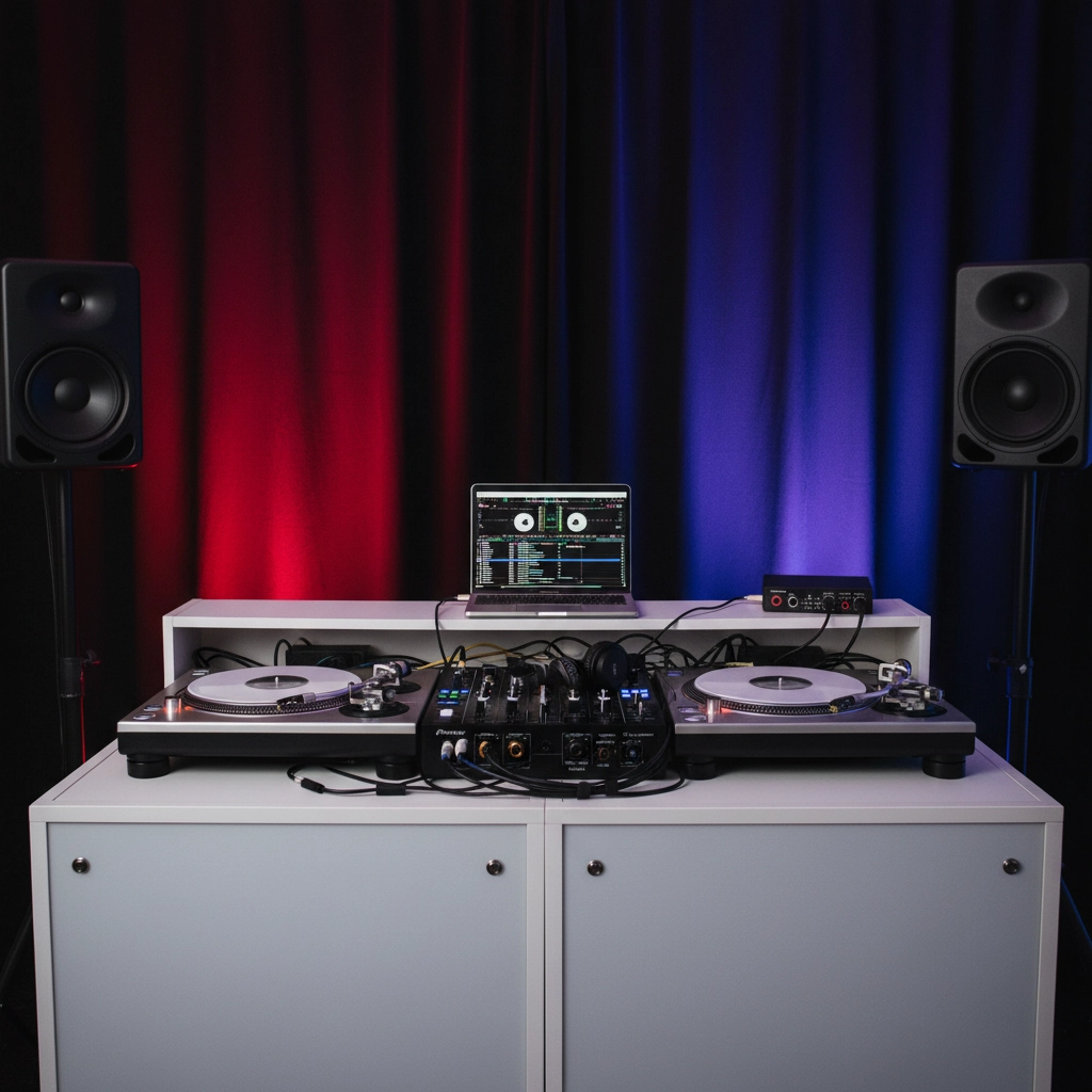 DJ setup with turntables, mixer, and laptop on a white stand. Speakers flank sides. Red and blue backdrop creates a vibrant atmosphere.