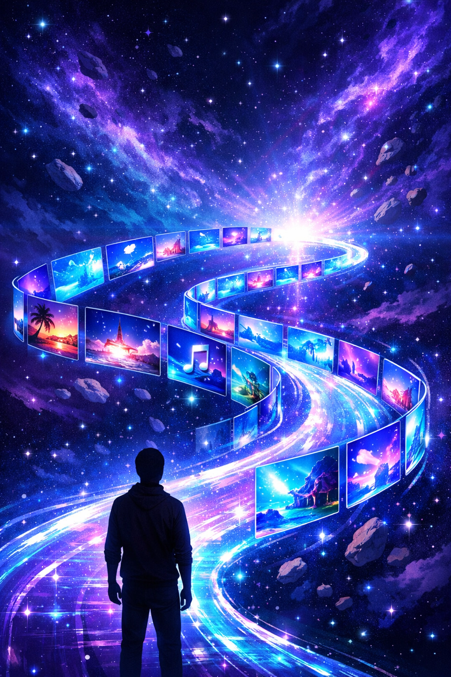 A continuous path of video screens representing a YouTube playlist designed to increase watch time and engagement.