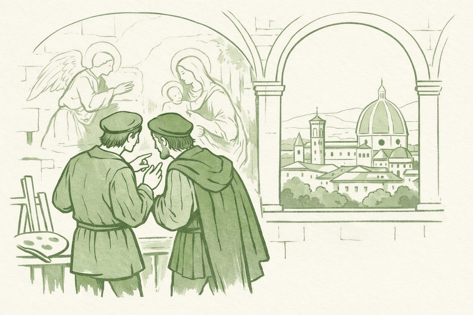 Two men collaborating on chapel fresco in Renaissance Florence - MM romance through art