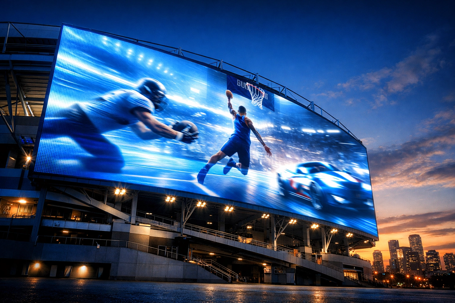 Large digital billboard screen displaying sports content on modern stadium exterior at dusk