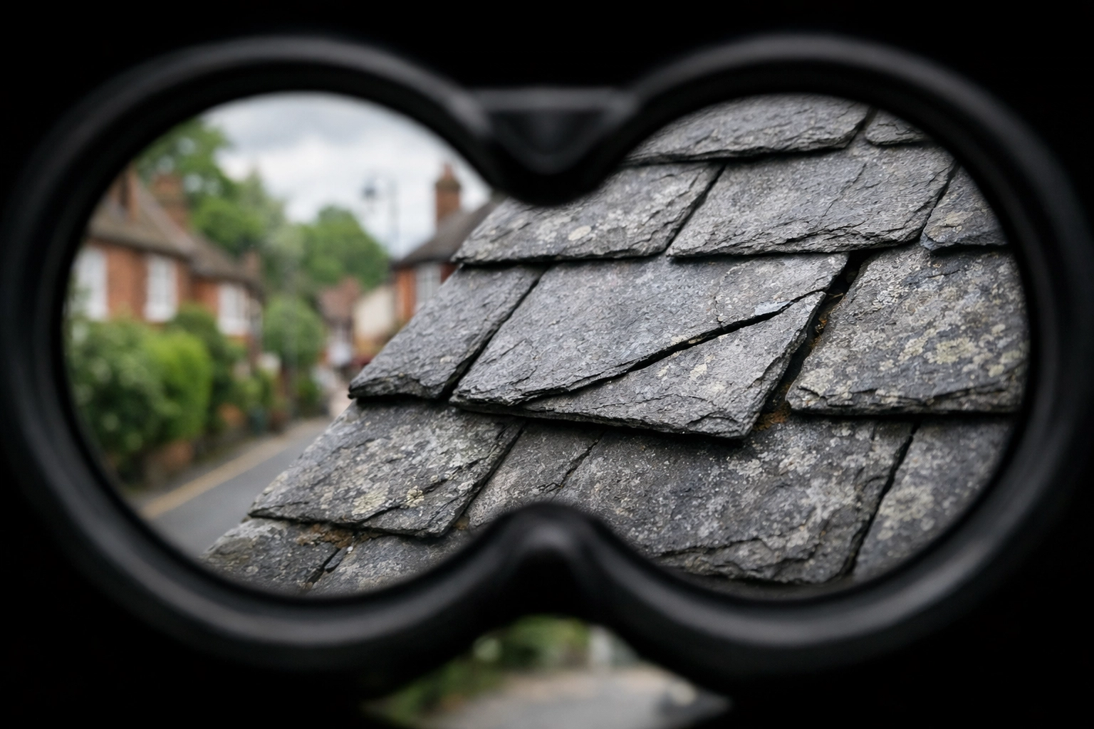 Close-up inspection through binoculars showing a cracked slate roof tile in a Marlow neighborhood.