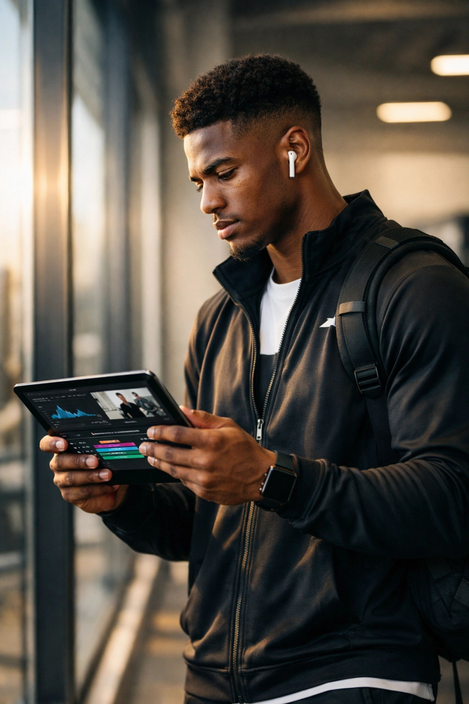 Collegiate athlete reviewing digital marketing analytics on a tablet in a modern training facility.