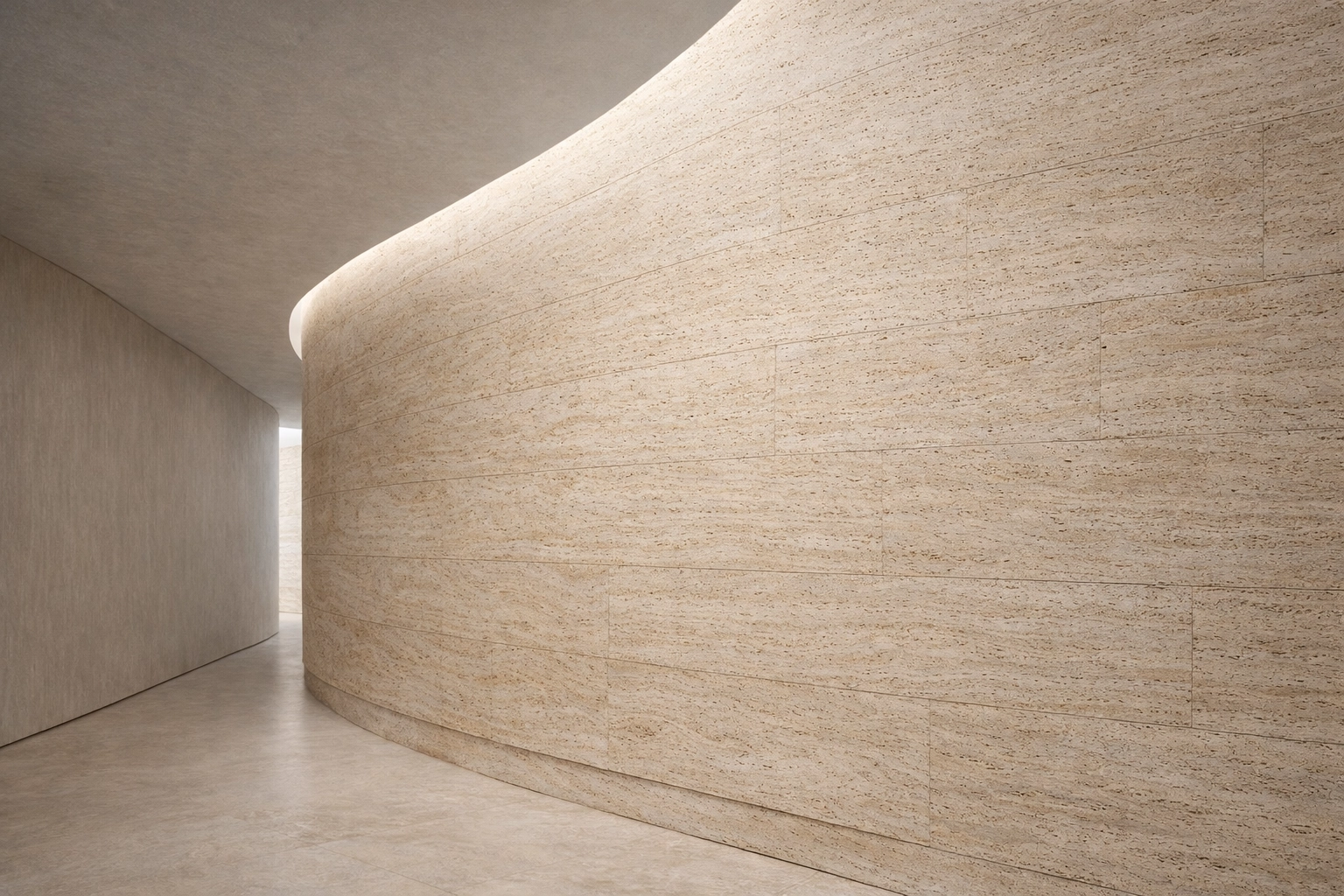 Panneau de pierre naturelle flexible se pliant pour s'adapter à un mur de couloir incurvé dans un intérieur minimaliste.