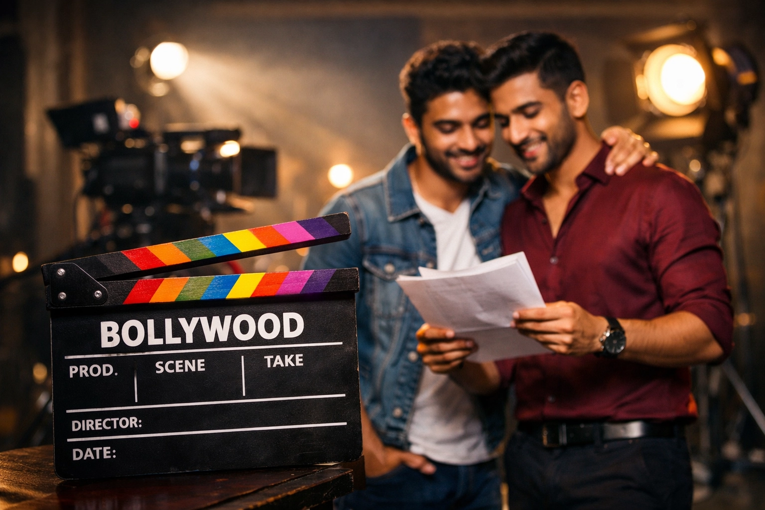 Bollywood film set featuring gay couple reviewing script with rainbow clapperboard