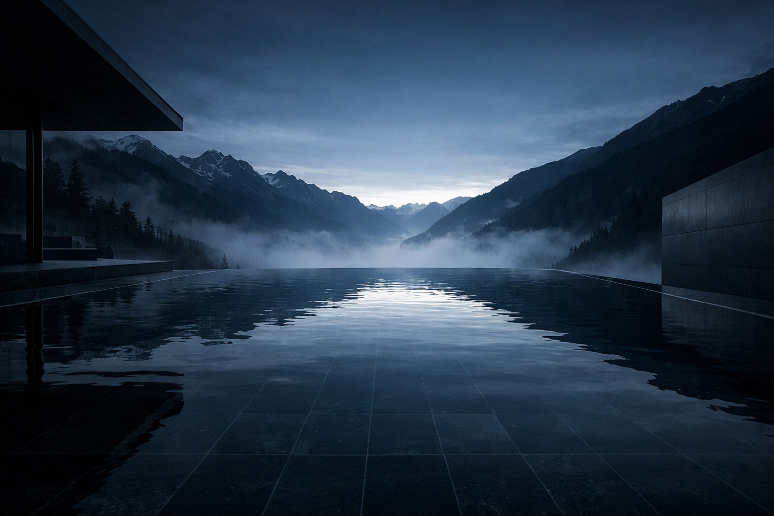 Minimalist infinity pool at a luxury mountain retreat at dawn, highlighting the benefits of transformative travel.
