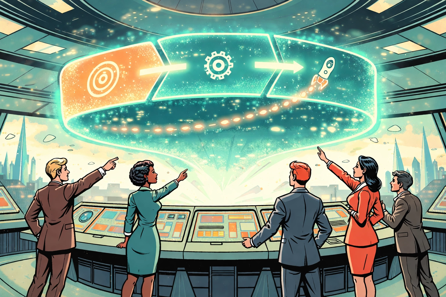 Futuristic comic-style GTM timeline with business team planning AI revenue operations transformation