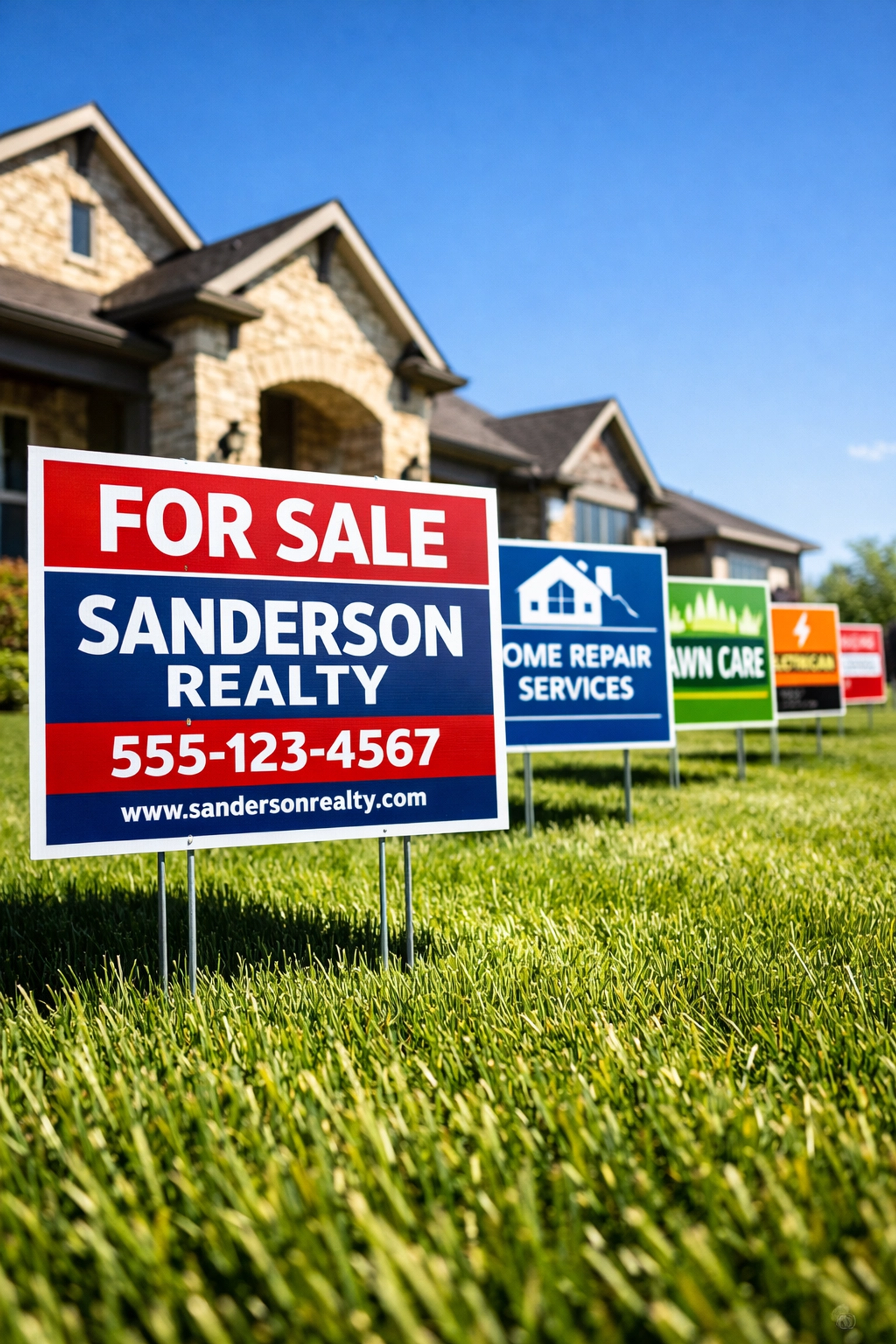 Weather-resistant custom yard signs displayed on a residential lawn for local Dallas advertising.