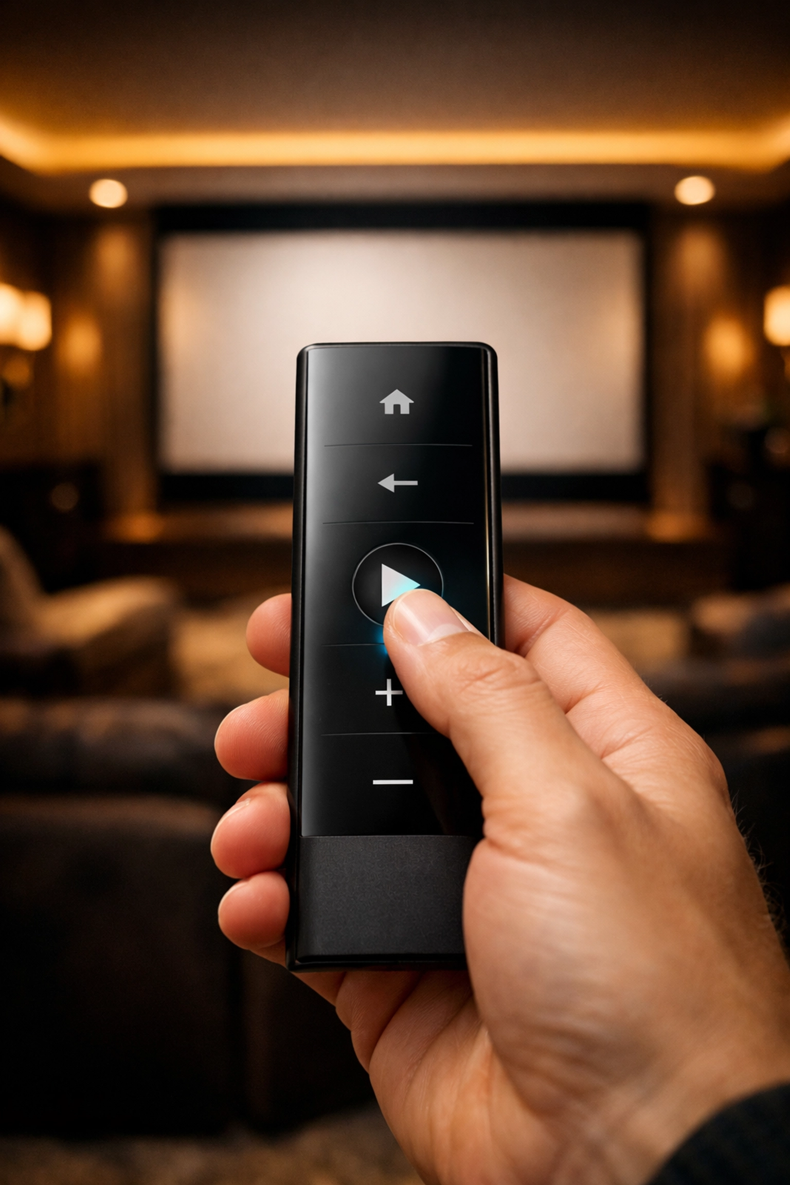 Using a single smart remote to control a custom home theater installation and motorized projector screen.