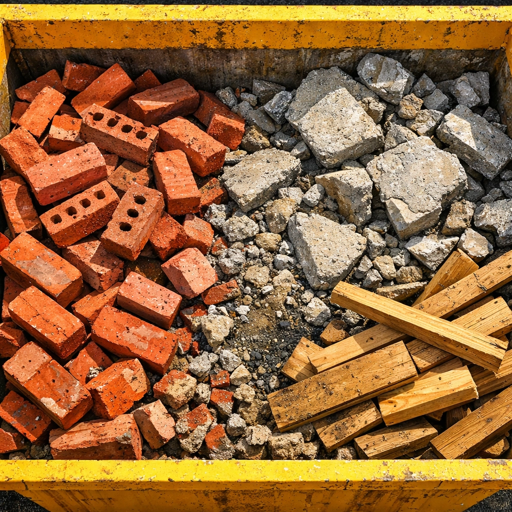 Top-down view of an 8 tonne skip filled with renovation waste like bricks, concrete and timber.